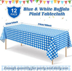 12 Pack Blue and White Plastic Checkered Tablecloth, Premium Decorative Disposable Blue Gingham Plaid Table Cloths for Parties, Rectangle Party Table Cover for Picnic Farm Birthday Wedding, 54x108Inch