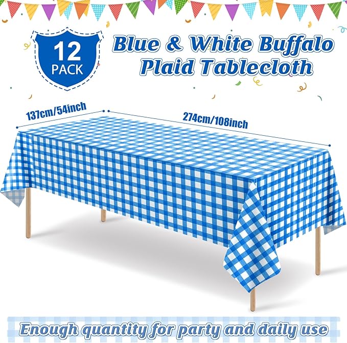 12 Pack Blue and White Plastic Checkered Tablecloth, Premium Decorative Disposable Blue Gingham Plaid Table Cloths for Parties, Rectangle Party Table Cover for Picnic Farm Birthday Wedding, 54x108Inch
