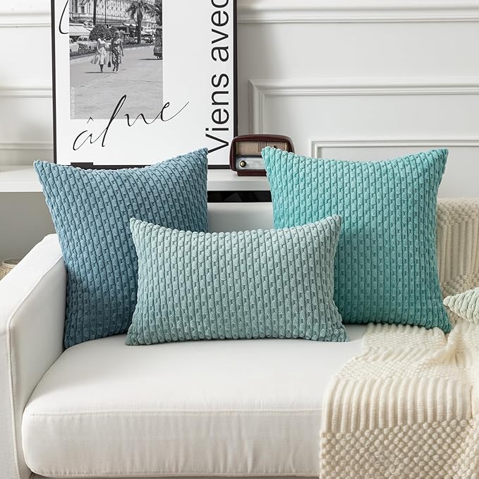 Kevin Textile 12x20 Inch Pillow Cover 1 Pack Boho Decorative Soft Striped Corduroy Lumbar Farmhouse Color Accent Rectangle Cushion Case for Living Room Couch Sofa Bed, Aqua Green