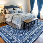 Lessymo Area Rugs 9x12 Living Room- Large Area Rug Machine Washable Area Rug for Bedroom Living Room, Vintage Rugs Boho Floral Medallion, Non-Slip Rubber, Low Pile, Kid & Pet Friendly, Blue White