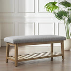 Zihanhome Entryway Bench, Chenille Upholstered Shoe Benches for Bedroom, Ottoman Benches with Solid Wood Shelf, Storage Bench for Hallway, Living Room(Grey)