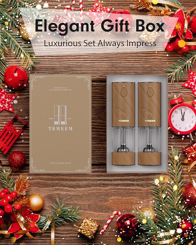 TOMEEM Upgraded Larger Capacity Electric Salt and Pepper Grinder Set Rechargeable with LED lights, Stainless Steel Automatic Pepper and Salt Grinder Refillable with 5 Adjustable Coarseness Wood Grain