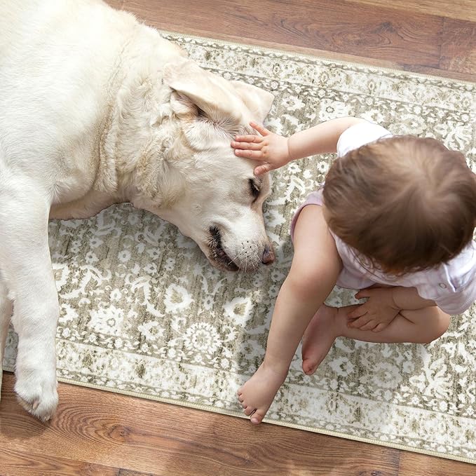 Runner Rug 2x10, Beige Tan White Washable Long Hallway Rug Runner Non-Slip Soft Kitchen Runner Thin Printed Faux Wool Super Soft Carpet for Entryway Bedroom Laundry Room Indoor Home Decor