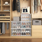 LANTEFUL 10 Tier Shoe Storage Cabinet with Door, Portable Narrow Organizer Rack for 20 Pairs, White Plastic with Hooks for Entryway or Bedroom