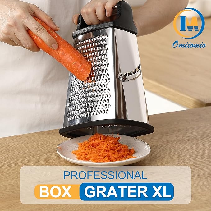 Professional Cheese Grater - Stainless Steel, XL Size, 4 Sides - Perfect Box Grater for Parmesan Cheese, Vegetables, Ginger - Dishwasher Safe - Black