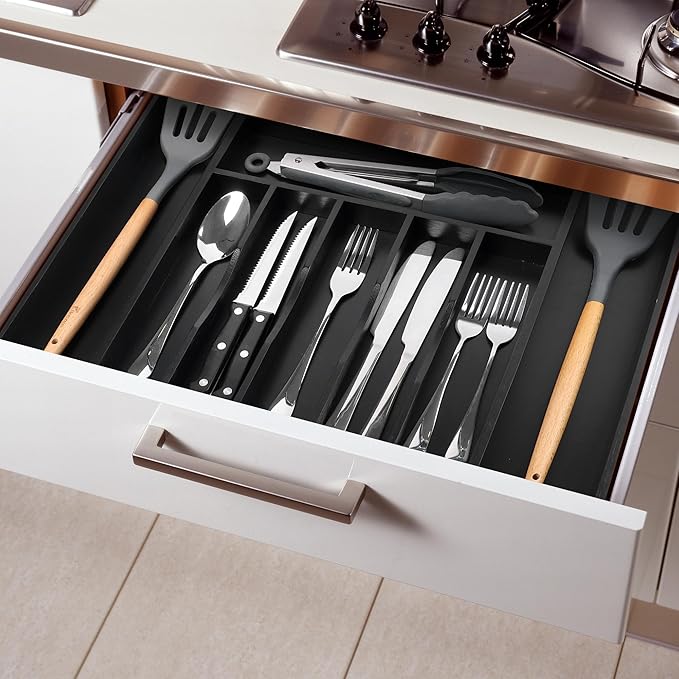 Large Premium Bamboo Silverware Organizer - Expandable Drawer Organizer & Utensil Organizer - 17"x19.7" Cutlery Tray with Dividers for Kitchen Utensils and Flatware (7-9 Slots) (Black)