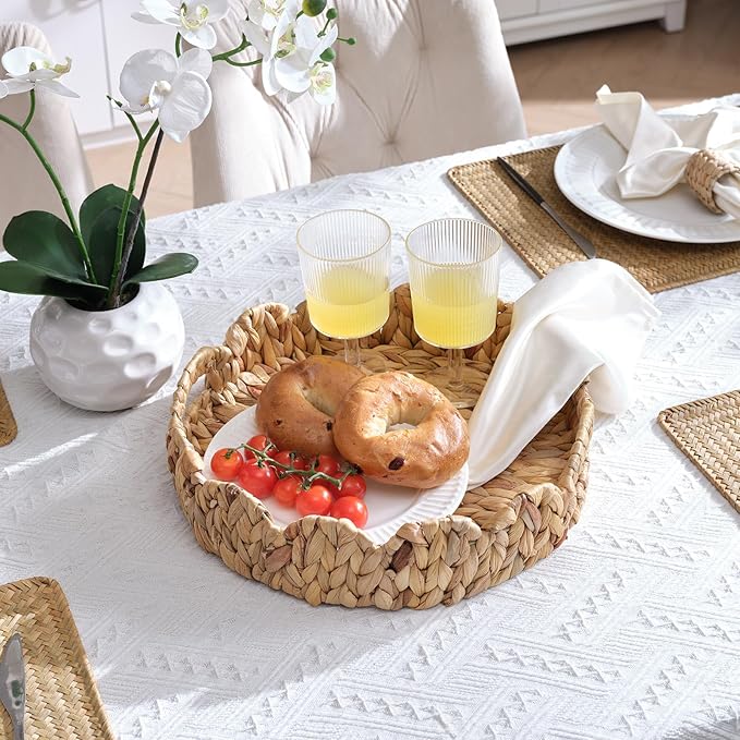 Yangqihome Round Scalloped Serving Tray, 14 inch Decorative Water Hyacinth Scalloped Basket with Built-in Handles, Round Ottoman Trays for Coffee Table for Kitchen and Living Room