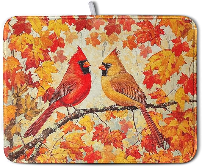 Fall Dish Drying Mats for Kitchen Counter Maple Leaf Cardinal Birds Dish Draining Mat 18x24 Inch Autumn Thanksgiving Dish Rack Mat Microfiber Absorbent Dish Drainer Pad
