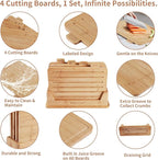 Fiery Chef 14.56"L x 11"W Bamboo Cutting Board Set of 4 - Wood Cutting Board Set with Holder, Chopping Boards Set with Food Icons, Juice Groove - Ideal for Meat, Fish, Bread, Vegetable, Fruit Chopping