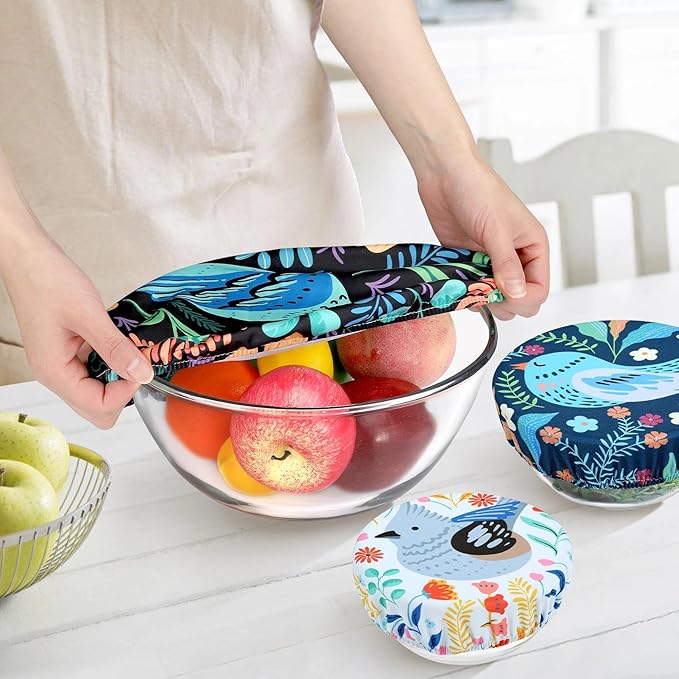 5 Pieces Bowl Covers Reusable, 5 Size Elastic Cloth Bowl Covers for Bread Proofing, Food Covers Washable for Food Fruits Leftover (Floral Bird)