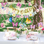 SUNBEAUTY 22PCS Butterfly Birthday Party Decorations Pre-strung Birthday Banner Garland for Women & Girls Colorful Butterfly Hanging Swirls Decorations Summer Themed Ceiling Decor for Kids Bday party