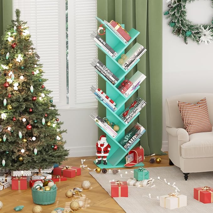 SHEEPAM 10 Tier Tree Book Shelf, Floor Standing Wood Bookshelf