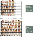 FAVOOSTY 5-Tier Expandable Shoe Rack, Adjustable Shoe Shelf Storage Organizer Space Saving Metal Free Standing Shoe Rack for Entryway Closet Doorway, Silver Grey (Black, 5 Tier)