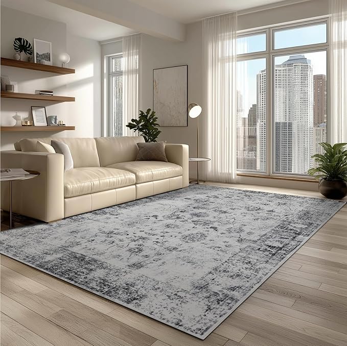 9x12 Area Rug Living Room Rugs, Stain Resistant Washable Rug, Vintage Large Non-Slip Backing, Low Pile Lightweight Print Rug for Bedroom Dinning Room Home Office (White/Grey)