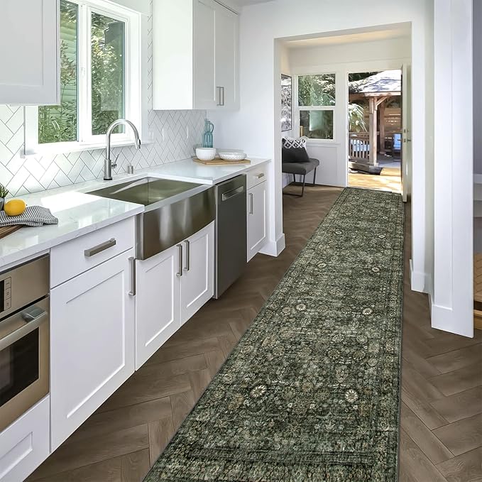 Morebes Vintage Carpet Runners for Hallway 12ft,Washable Extra Long Runner Rug for Entryway Indoor Non-Slip,Distressed Retro Soft Throw Rug for Kitchen Farmhouse Dining Room, Dark Green