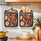 Boho Vintage Floral Pot Holders for Kitchen, Mid Century Modern Boho Flower Botanical Heat Resistant Hot Pads and Oven Mitts for Baking Cooking