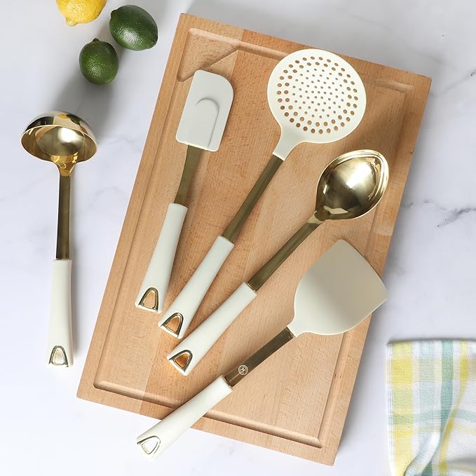 Martha Stewart Lockton 5-Piece Kitchen Tool Set – Stainless Steel & Nylon Cooking Utensils with Linen Handles and Gold Accents, Durable Heat-Resistant Kitchen Gadgets