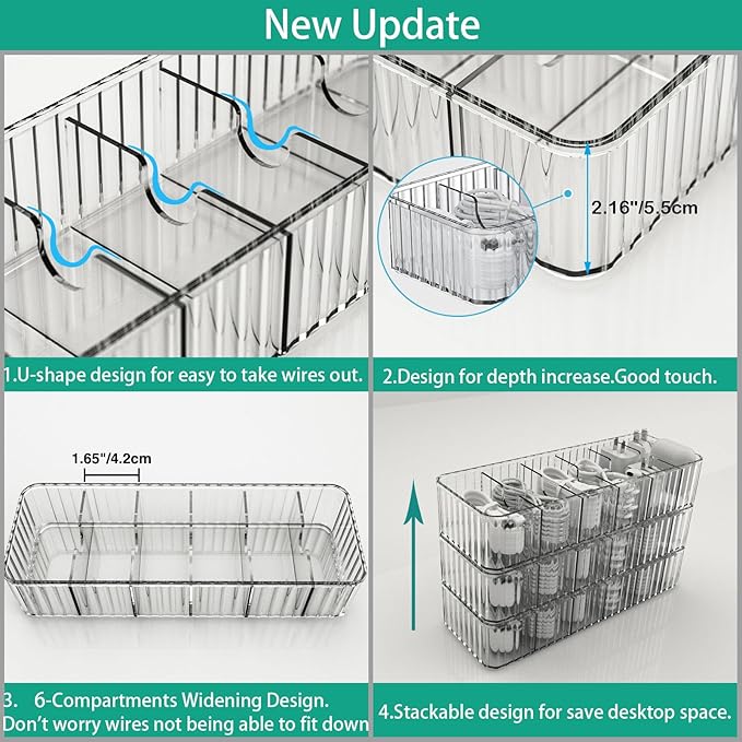 Cable Storage Boxes Organizers 2 Pack,Cord Charger Storage Organizer Box Case with 20pcs Cable Ties,Stackable,Clear