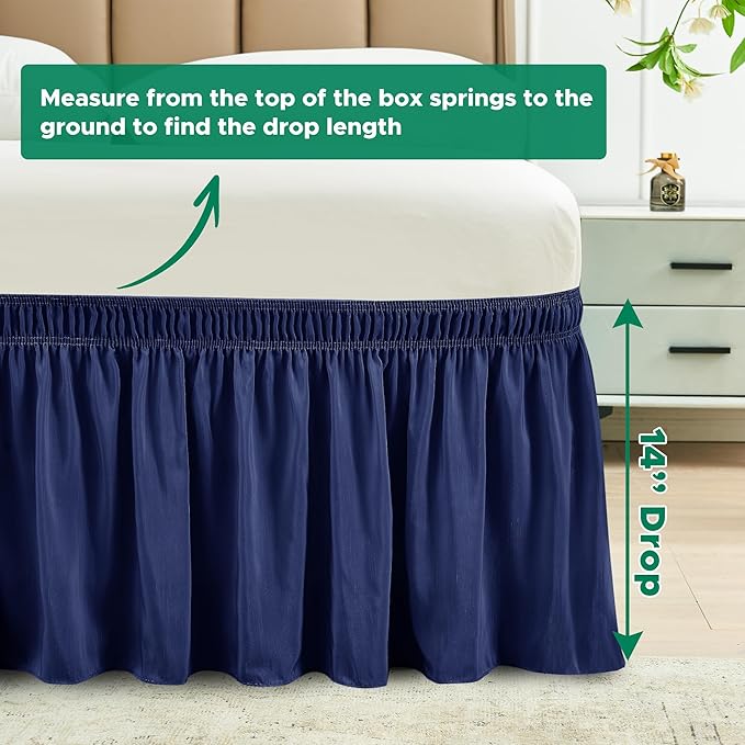 Biscaynebay Wrap Around Bed Skirts for Queen Beds 14" Drop, Navy Adjustable Elastic Dust Ruffles Easy Fit Wrinkle & Fade Resistant Silky Luxurious Fabric Solid Machine Washable
