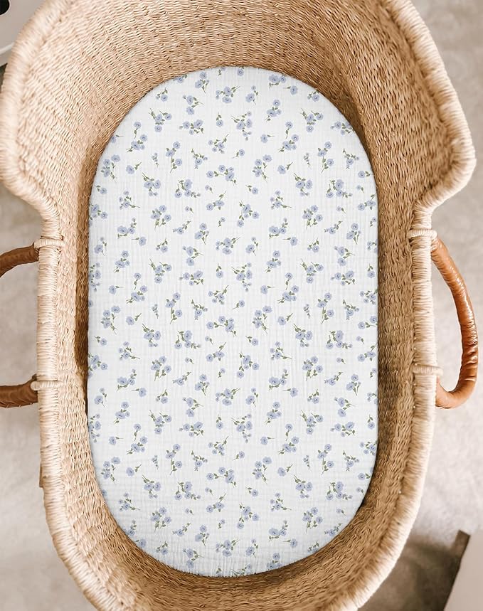 Bassinet Sheet for Baby Boy and Girl 2 Pack, Fitted Sheets for Rectangle, Oval, Hourglass Bassinet Mattress, Muslin Moses Basket Sheets with Neutral Style (Bluebell Bloom & Light Blue)