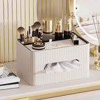 KINGFOM Leather Tissue Box Cover with Storage Tray, Decorative Tissue Box Holder Organizer for Office Desk, Bedroom & Nightstand, Remote Control Holder for Perfume, Watch, Glasses, Pens (Ivory White)