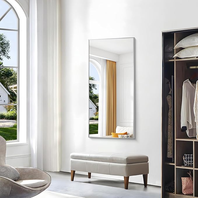 BONEWEI Silver Bathroom Mirror,24x48 inch Wall Mirror for Bathroom Wall Mounted,Large Rectangle Mirror for Bathroom Over Sink,Modern Metal Frame for Living Room,Bedroom Entryway,Horizontal/Vertical
