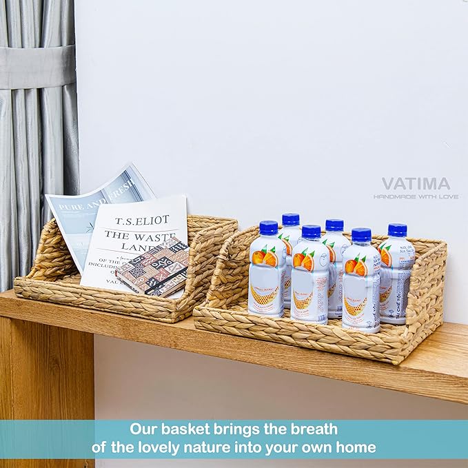 VATIMA Water Hyacinth Storage Baskets with Large Open-Front for Kitchen, Decorative for Living Room, 13.4” x 9.5” x 5.5”, 2 Pack