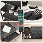 Shelf Liners for Kitchen Cabinets 17.3in x 20FT, Non Adhesive Cabinet Liner Strong Non-Slip Black and Silver Geometric Drawer Liner, Easy to Clean for Cabinet with Knife and Tape Measure