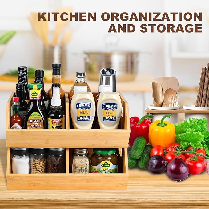 2 Set Bamboo Storage Bins, Pantry Organizers and Storage, Kitchen Countertop Organization and Storage Basket for Produce, Onions, Potatoes, Garlic, Fruits, Vegetable and Bread