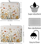 Fall Floral Dish Drying Mat for Kitchen Counter Autumn Burnt Orange Wild Flowers Dish Draining Mat Absorbent Microfiber Dishes Pad Washable Dish Drainer Rack Mat Large 18"x24"