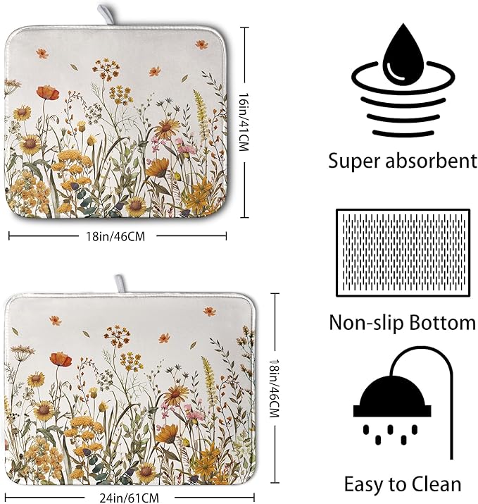Fall Floral Dish Drying Mat for Kitchen Counter Autumn Burnt Orange Wild Flowers Dish Draining Mat Absorbent Microfiber Dishes Pad Washable Dish Drainer Rack Mat Large 18"x24"