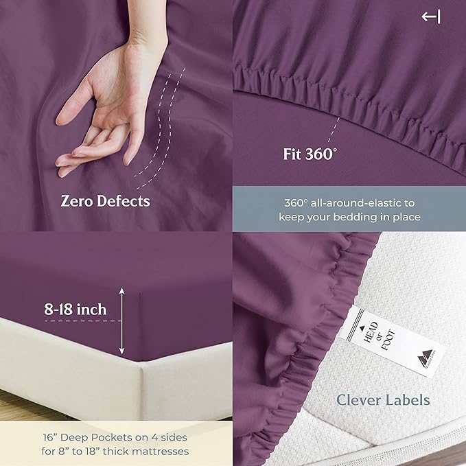 Mayfair Linen 500 Thread Count Twin XL Cotton Sheets - 3 PC Twin XL Size Bed Sheet Set Cotton (Plum), Soft, Cooling, Sateen Hotel-Quality 16" Deep Pocket Bedsheet for Hot Sleepers (Fits 18" Mattress)