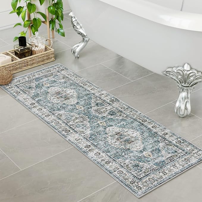 Uphome Bathroom Rugs Runner, Distressed Farmhouse Boho Blue Bath Mat, Non Slip Washable Long Bath Rugs, Vintage Traditonal Soft Velvet Bathroom Runner for Bathtub Sink Shower, 18x47 inch