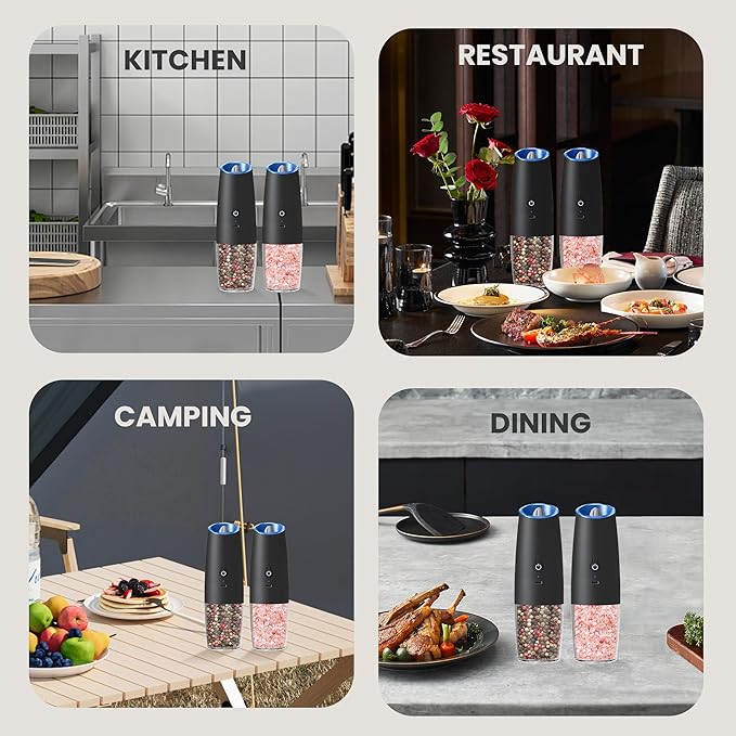 Rechargeable Salt And Pepper Grinder Set with LED Light, Automatic Electric Gravity Salt And Pepper Shakers Set, No Battery Needed, Adjustable Roughness, 2 Pack (Black)