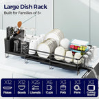 Large Dish Drying Rack, Expandable Dish Rack for Kitchen Counter, Dish Drainer with Drainboard Set, Multifunctional Dishrack with Utensil & Cup Holder, 13.4"-28.7" L x 11.8" W x 7.8" H, Black