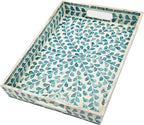 PEMAR Rectangular Mother of Pearl Serving Tray Nacre Wood Lap Ottoman Tray for Coffee Table, Luxury Decorative Handmade Eating Platters w Insert Handles (Teal Floral Pattern)