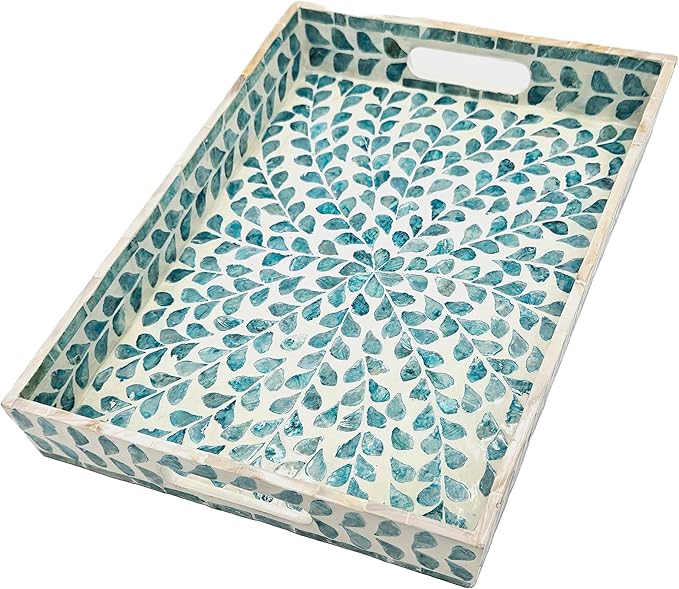 PEMAR Rectangular Mother of Pearl Serving Tray Nacre Wood Lap Ottoman Tray for Coffee Table, Luxury Decorative Handmade Eating Platters w Insert Handles (Teal Floral Pattern)