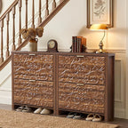 weselon Shoe Cabinet with Flip Drawers, Narrow Shoe Storage Cabinet, 2-Tier Hidden Shoe Organizer with Carved Floral for Entryway, Mid-Century Modern Slim Shoes Storage for Hallway Foyer (1, Walnut)