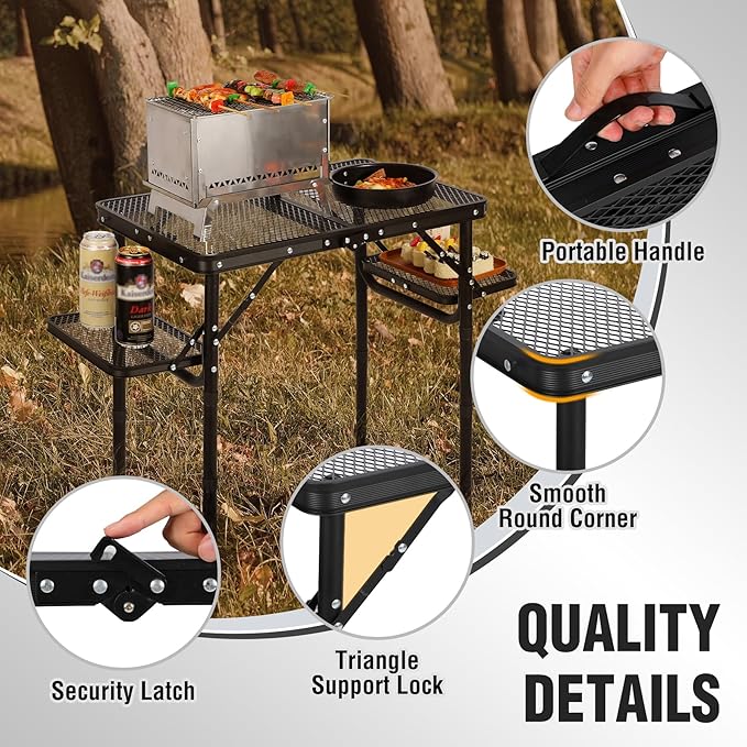 REDCAMP 35x16 Folding Grill Table for Outside with 2 Side Tables, 4 Adjustable Heights Portable Small Stand Table for Outdoor Indoor Camping Picnic BBQ