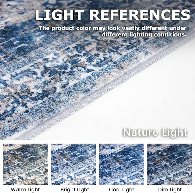KOZYFLY Boho Area Rug 8x10 Ft Thin Rugs for Living Room Washable Bedroom Rug Non Slip Rugs for Living Room Blue Printed Faux Wool Vintage Bedroom Rug Floor Carpet for Dining Room