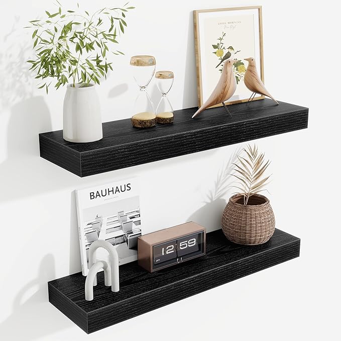 Fun Memories Floating Shelves Set of 2, 24 Inch Floating Shelves for Wall, Wood Wall Shelves with Invisible Brackets, for Bathroom, Bedroom, Living Room, Kitchen, Black