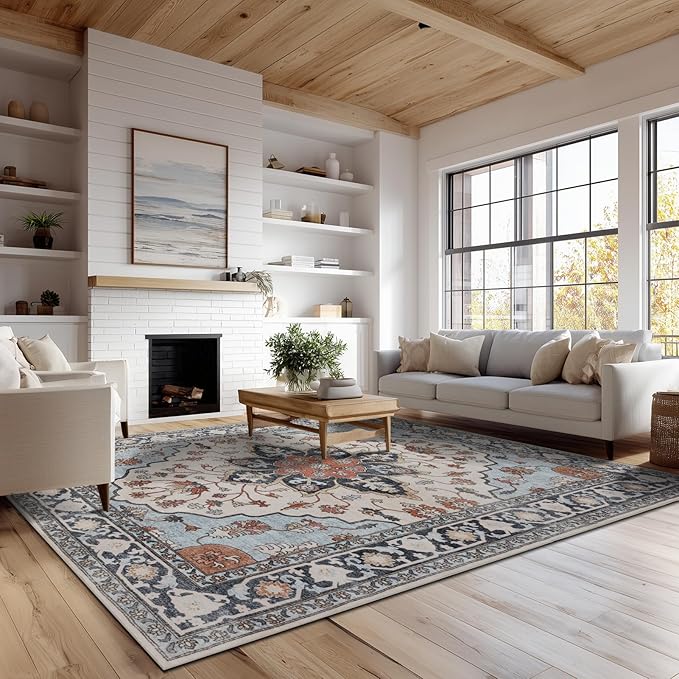 4x6 Washable Area Rug for Living Room, Carpet for Bedroom, Soft Faux Wool Retro Dining Room Rug, Non Slip&Non-Shedding Resistant Low Pile Vintage Print Rug for Home Office (Blue/Gray)