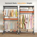 OLIXIS Clothes Rack Heavy Duty Adjustable Garment Clothing Rack with Wheels, Rolling Metal Freestanding Closet Organizer for Hanging Clothes with 2 Side Hooks, Double Rods, 35" x 15" x 75", Black