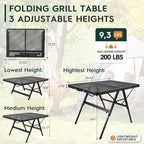 WildFinder 3 FT Folding Grill Table, Portable Camping Table for Outside, 3 Adjustable Height Folding Table with Desktop, Lightweight Outdoor, Camping, Picnic, BBQ