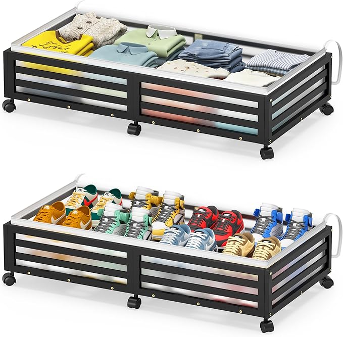 Under Bed Storage with Wheels-Large Bamboo Underbed storage Containers with Large Dust Bag Stackable Under the Bed Shoe Storage Bins for Clothes Books Bedding (2 Packs Black, 33.07"L×16.54"W× 6.5"H)