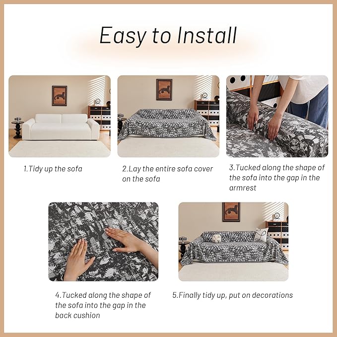MYSKY HOME Couch Covers for 3 Cushion Couch Sofa, Chenille L Shape Sectional Couch Cover - Pet-Friendly, Machine Washable, Non-Slip Sofa Protector for Dogs, Kids, 71"x118", Grey Blur Mottling