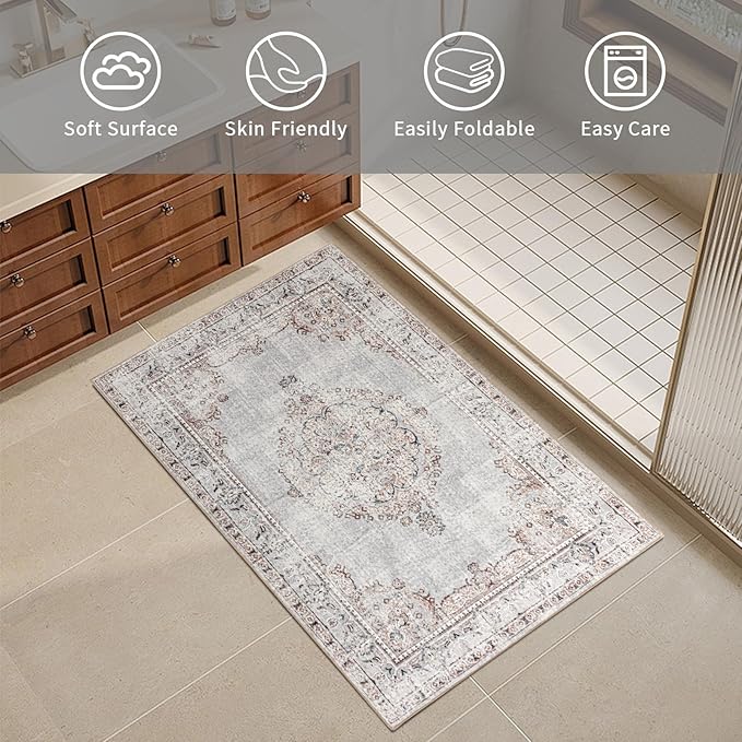 Easy-Going Boho Area Rug 2x3 Washable Entryway Rugs Front Door Mat Indoor Entrance Non-Slip Vintage Distressed Small Entry Rug for Living Room Kitchen Bathroom Office Lightweight Carpet, Grey Brick