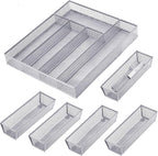 Neudeco Drawer Organizer Set 6 Pack - 5-Compartment Silverware Organizer Tray + 5 Utensil Trays, Kitchen Drawer Organizer for Flatware, Cutlery, Office Supplies, Silver Mesh, Non-Slip