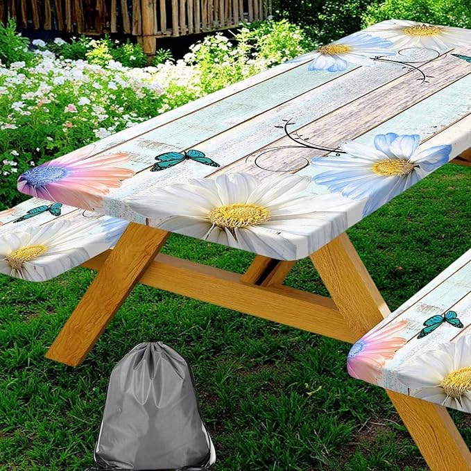 Rustic Daisy Flower Wooden Picnic Table Cover with Bench Covers, Farmhouse Flower Waterproof Wood Board Tablecloth for Patio Camping Outdoor Party Decorations with Drawstring Bag, 30X60in, 3PCS