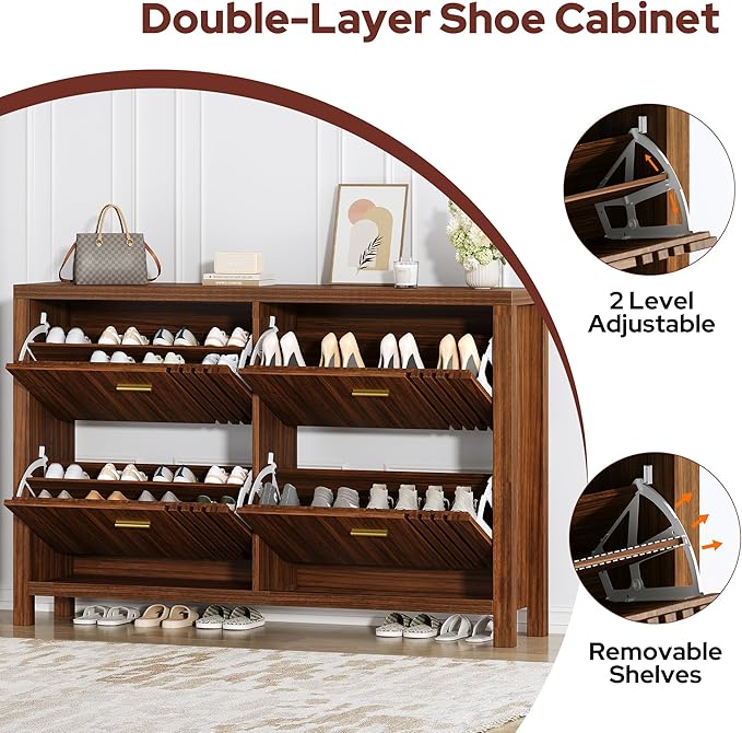 knoworld Shoe Storage Cabinet for Entryway with 4 Flip Drawers, 47.24" Narrow Fluted Shoe Organizer Cabinet, Slim Wooden Shoe Cabinet, Freestanding Hidden Shoe Cabinet for Entrance, Hallway (Walnut)